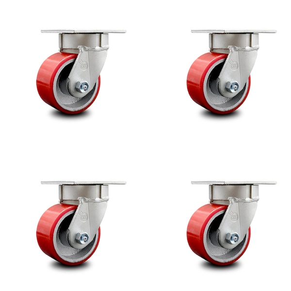 4 Inch Kingpinless Red Poly on Steel Wheel Swivel Top Plate Caster, 4PK